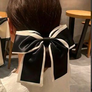 LARGE SATIN SCRUNCHIE HAIR BOW in Black (with cream trim)